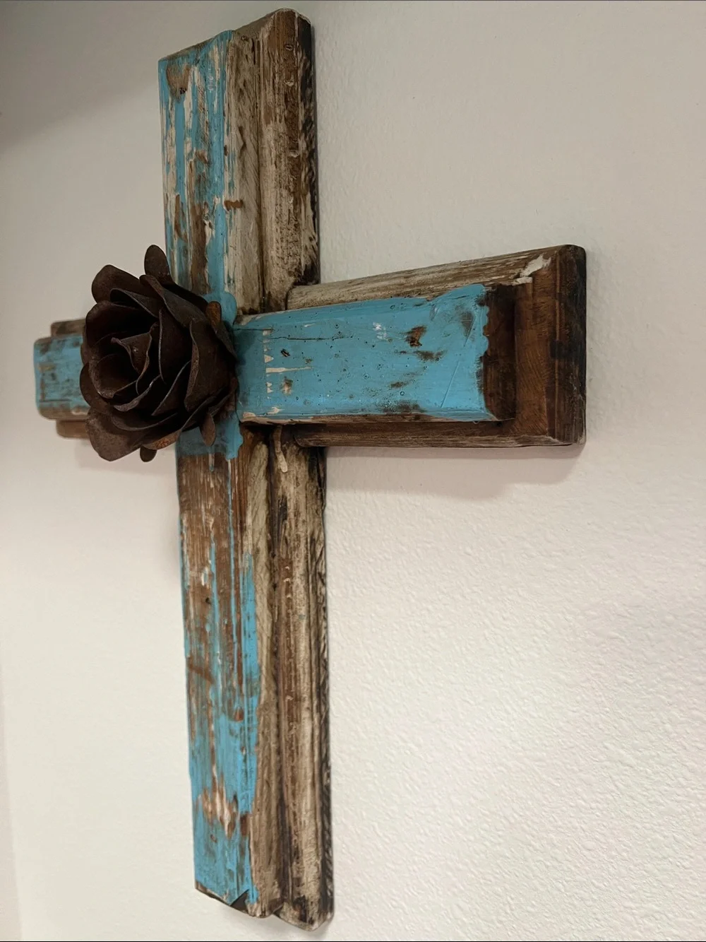 Rustic Turquoise Wooden Cross Wall Decor with Metal Rose